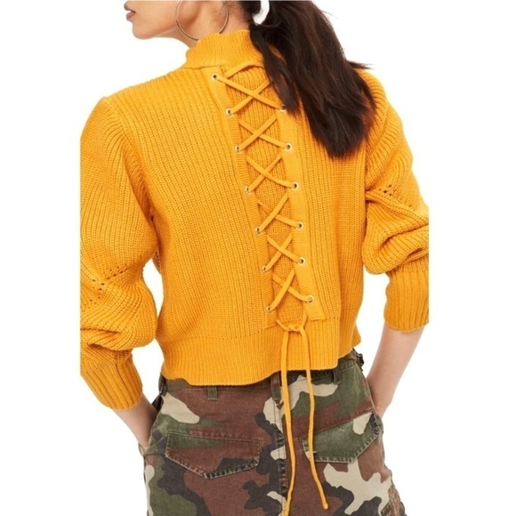 Topshop Mustard Yellow Marigold Lace-Up Back Sweater Boxy Balloon Sleeves Knit - Picture 1 of 7
